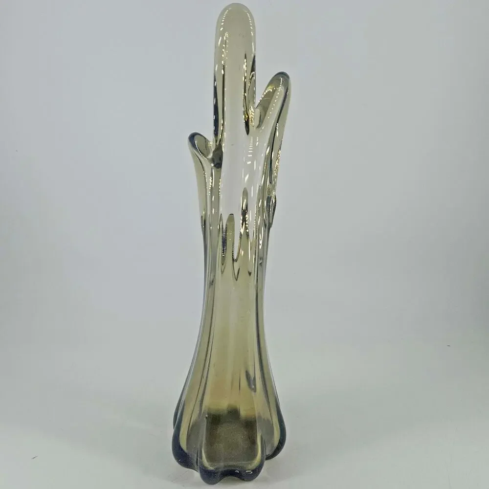 Vintage hand blown gray smoke Art Glass Swung Vase 5 finger 11